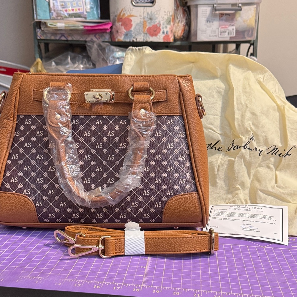Danbury Mint NWT Tan and Brown Personalized Satchel Initials AS